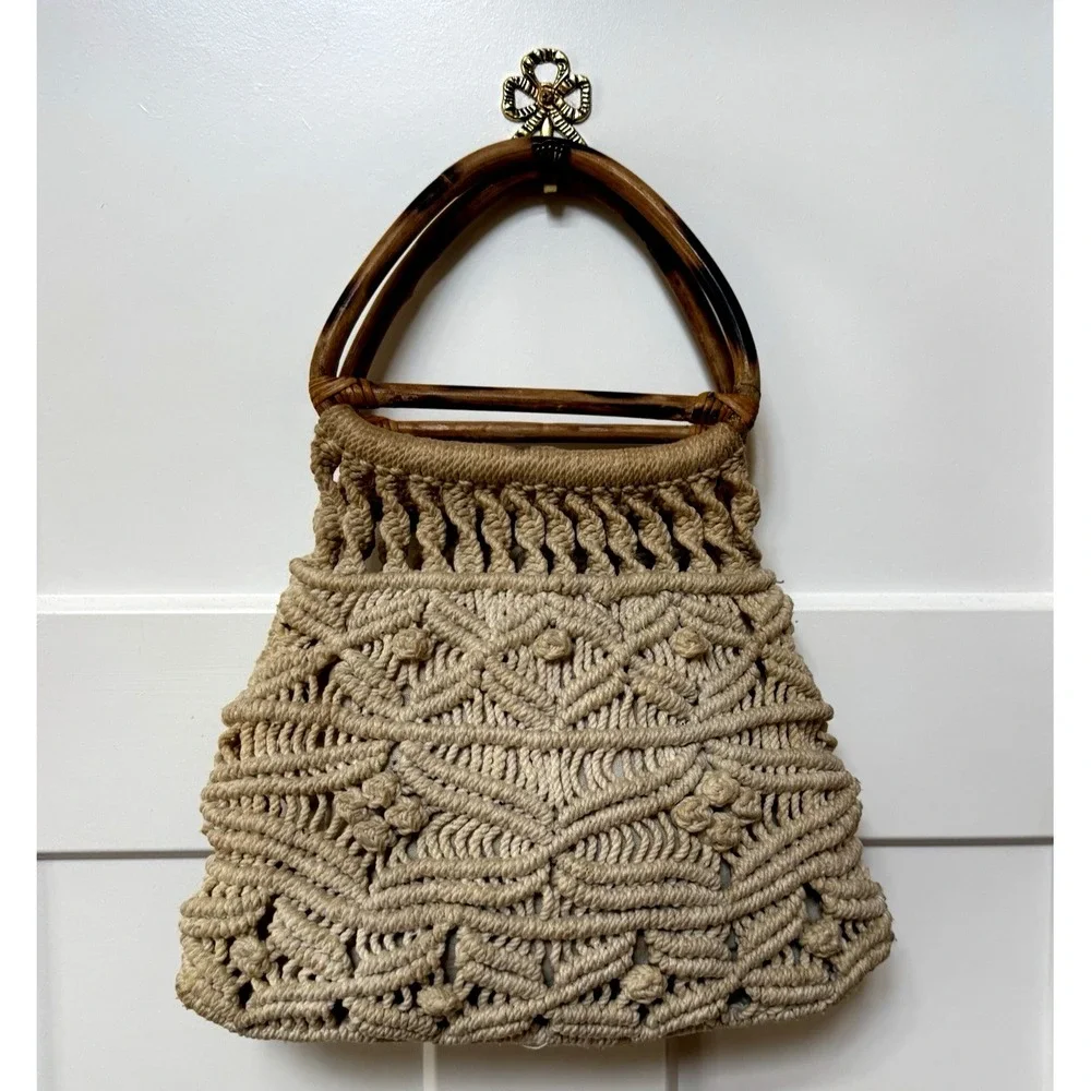 Hand Made Vintage 1970's‎  Macrame' Cream Color Sack Purse with Bamboo Handles